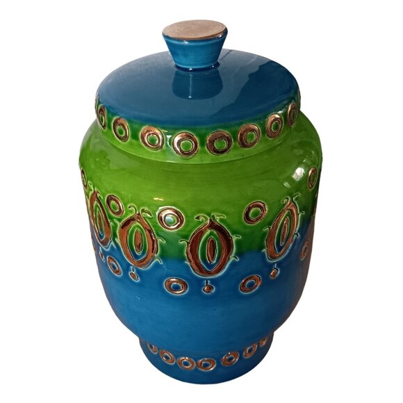 Vintage Rosenthal Netter Italian Ceramic Jar With Lid Green & Blue Handpainted - Picture 5 of 7